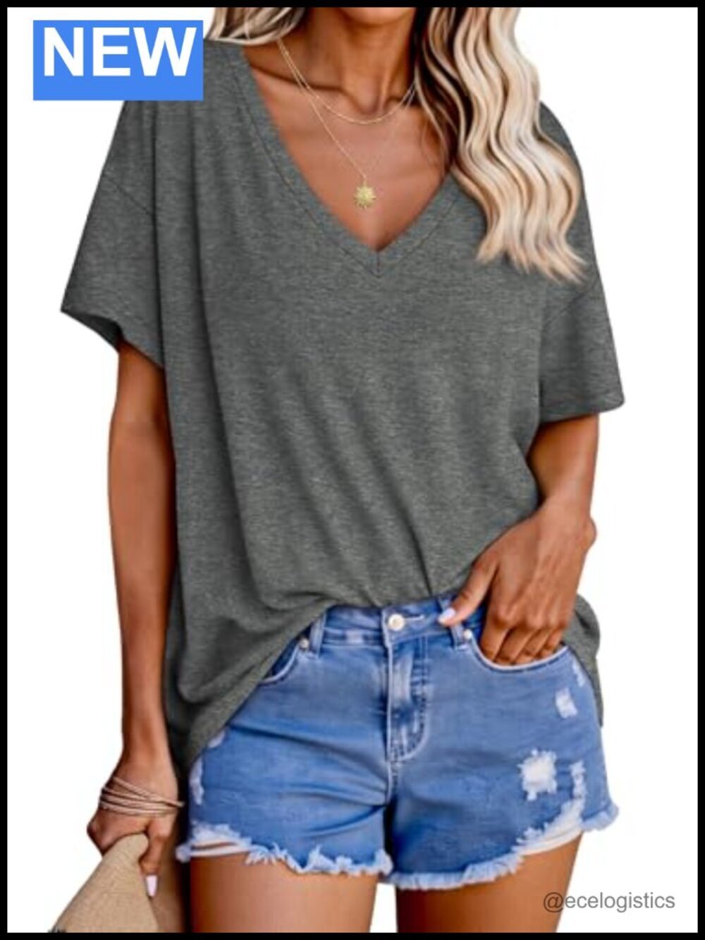 Oversized V-Neck Short Sleeve Tunic Tee Shirt